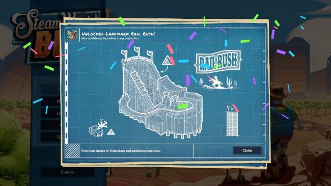 The blueprint design of the Rail Rush Landmark Building with co<em></em>nfetti around to celebrate it being unlocked in the main menu of Steamworld Build.