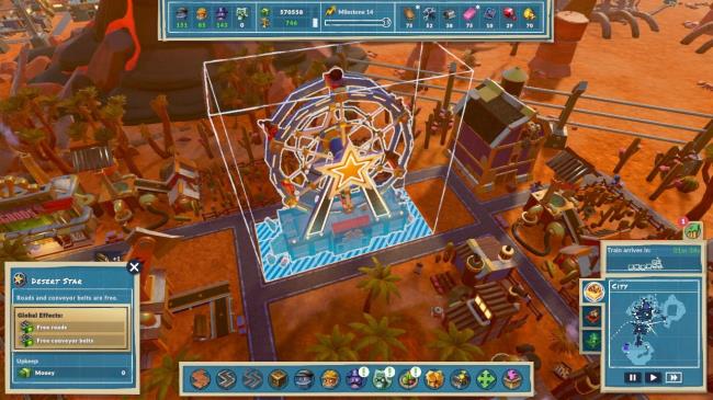 Aerial view of a large blue and red Desert Star building that's a ferris wheel with stars on it on the Fossil Park map in Steamworld Build.