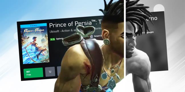 Sargon from Prince of Persia: The Lost Crown half in colour and half in black and white, in front of a screenshot of the Xbox page for the demo of the game