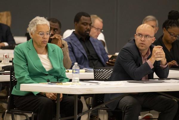 Cook County Board President Toni Preckwinkle and Ald. Michael Rodriguez, 22nd, listen during a Cook County Democrats slating meeting Aug. 15, 2023.