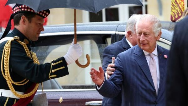 President of the French Natio<em></em>nal Assembly Yael Braun-Pivet (R) and France's Senate President Gerard Larcher (L) greet Britain's King Charles who arrives to address Senators and members of the Natio<em></em>nal Assembly at the French Senate, in Paris, France September 21, 2023. Britain's King Charles III and his wife Queen Camilla are on a three-day state visit starting on September 20, 2023, to Paris and Bordeaux, six mo<em></em>nths after rioting and strikes forced the last-minute postpo<em></em>nement of his first state