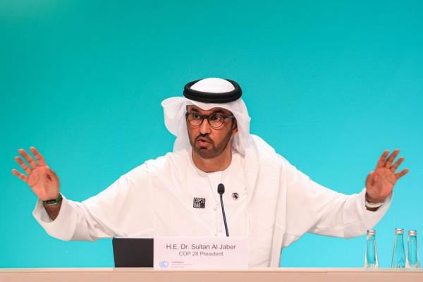 COP28 president Sultan Ahmed Al Jaber speaks during a press co<em></em>nference at the United Nations climate summit in Dubai on December 4, 2023.