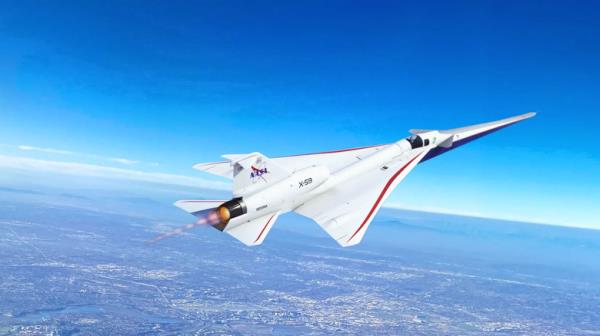 X-59 Quesst airplane flying in the sky