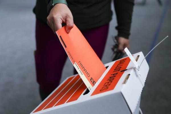 Voter putting election ballot into ballot box.