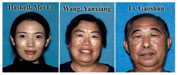 This undated photo combination provided by the Los Angeles Police Department shows Mei Haskell, left, and her parents, YanXiang Wang and Gaoshan Li. Mei's husband.