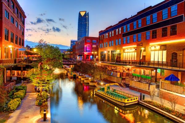 Evening view of the  Bricktown Canal in Oklahoma City.