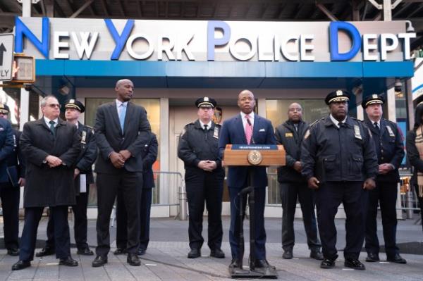 Mayor Eric Adams speaks during a New Year's Eve security briefing in Times Square Friday, Dec. 29, 2023, in Manhattan, New York. (Barry Williams for New York Daily News)