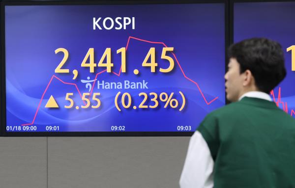 An electro<em></em>nic board showing the Korea Composite Stock Price Index at a dealing room of the Hana Bank headquarters in Seoul on Thursday. (Yonhap)