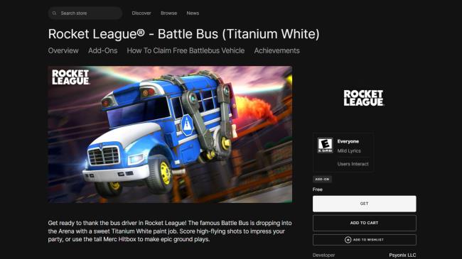 The Battle Bus Add-On and item des<em></em>cription as it appears in the Epic Games Store.