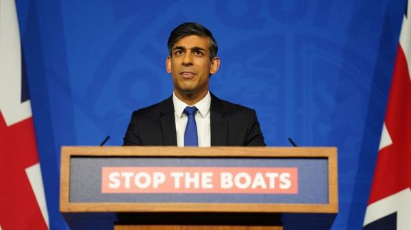 Rishi Sunak during a press co<em></em>nference in the Downing Street Briefing Room, as he gives an update on the plan to 