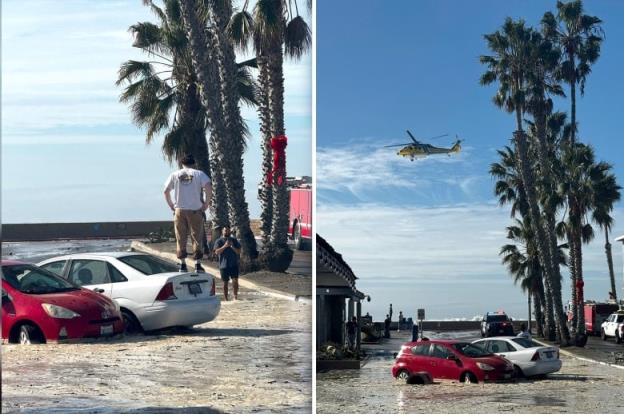 A composite photo shows, on the left, a man standing on top of a car on a flooded beach. On the right, a helicopter hovers over a beach wher<em></em>e two cars are flooded over their tires.