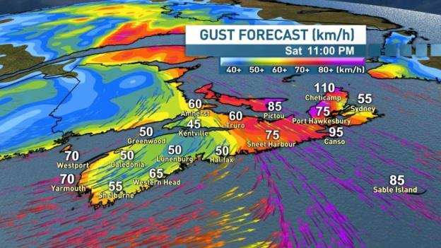 Wind gust map for Saturday night.