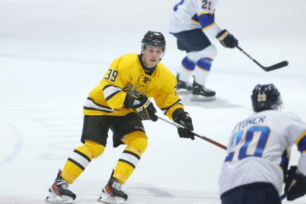 A hockey player wearing a yellow, white and black jersey is shown.