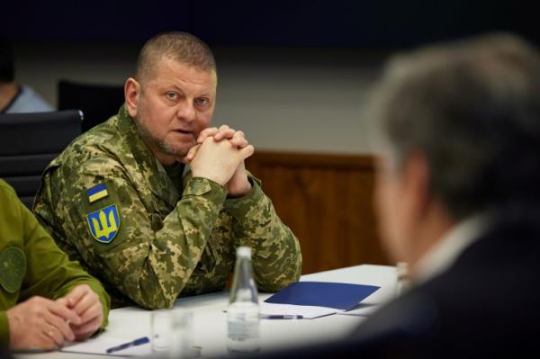 Commander-in-Chief of the Armed Forces of Ukraine Valeriy Zaluzhnyi attends a meeting with Ukraine's President Volodymyr Zelenskiy, U.S. Secretary of State Antony Bl<em></em>inken and U.S. Defense Secretary Lloyd Austin, as Russia's attack on Ukraine continues, in Kyiv, Ukraine April 24, 2022. Picture taken April 24, 2022. Ukrainian Presidential Press Service/Handout via REUTERS ATTENTION EDITORS - THIS IMAGE HAS BEEN SUPPLIED BY A THIRD PARTY.