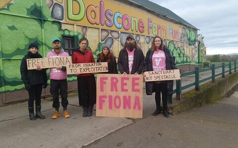 Demo<em></em>nstrators outside Dalscone Farm Fun 