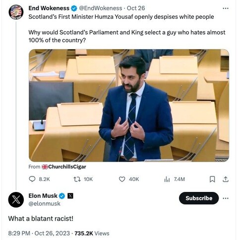 A grab from Twitter of Elon Musk calling Humza Yousaf a ‘blatant racist‘