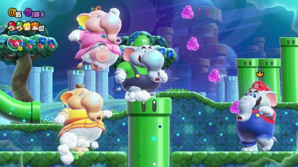 Multiplayer in Super Mario Bros. Wo<em></em>nder can be chaotic but fun even when everyone grabs an Elephant Fruit.