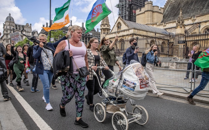 UK Romany Gypsies and Irish Travellers come together in Parliament Square to protest against a Police Bill