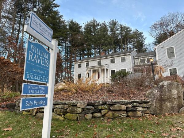 A sale pending sign is displayed in front of a home in Sudbury, Mass. on Saturday, Dec. 2, 2023. (AP Photo/Peter Morgan)