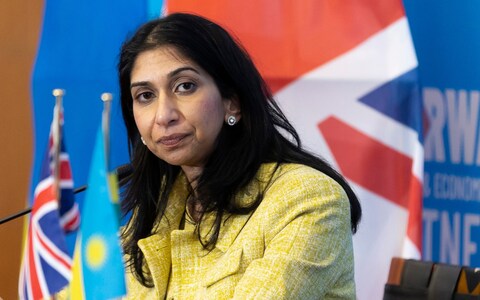 Former Home Secretary Suella Braverman at a press co<em></em>nference in Kigali, the capital of Rwanda on March 18, 2023