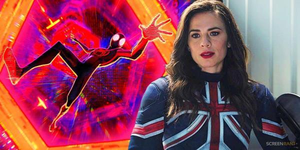 Custom image of Miles Morales falling through the multiverse in Spider-Man: Across the Spider-Verse and Hayley Atwell's Captain Carter from Doctor Strange in the Multiverse of Madness