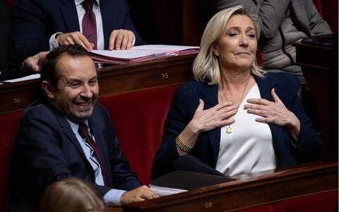 Marine Le Pen, with Sebastien Chenu, the Natio<em></em>nal Rally spokesman, called the bill’s defeat ‘an extremely powerful rejection’