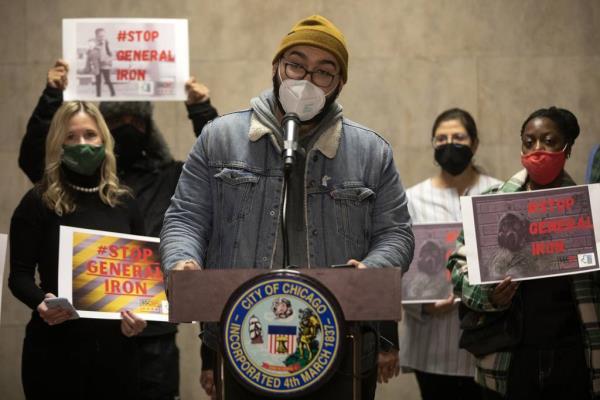 Oscar Sanchez, who participated in the hunger strike against General Iron, speaks during a news co<em></em>nference denouncing General Iron's proposed move from the North to the South Side of the city on Feb. 16, 2022, at City Hall.