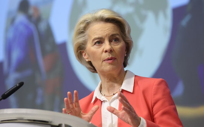 Ursula von der Leyen, president of the European Commission, opens the first Internatio<em></em>nal Co<em></em>nference on a Global Alliance to Counter Migrant Smuggling, in Brussels, on Tuesday